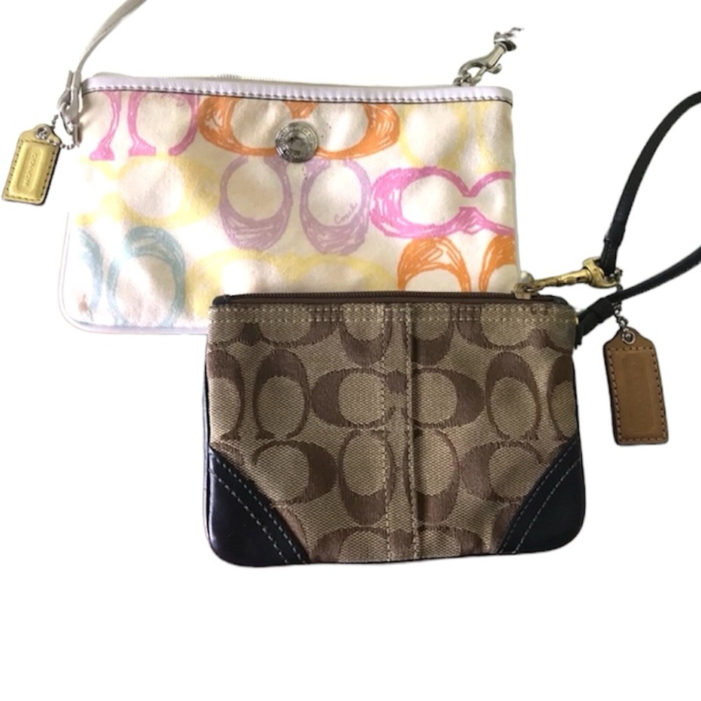 COACH Set Of 2 Leather Monogram Wristlet Wallet CC Purse Canvas Bag Mini Neutral